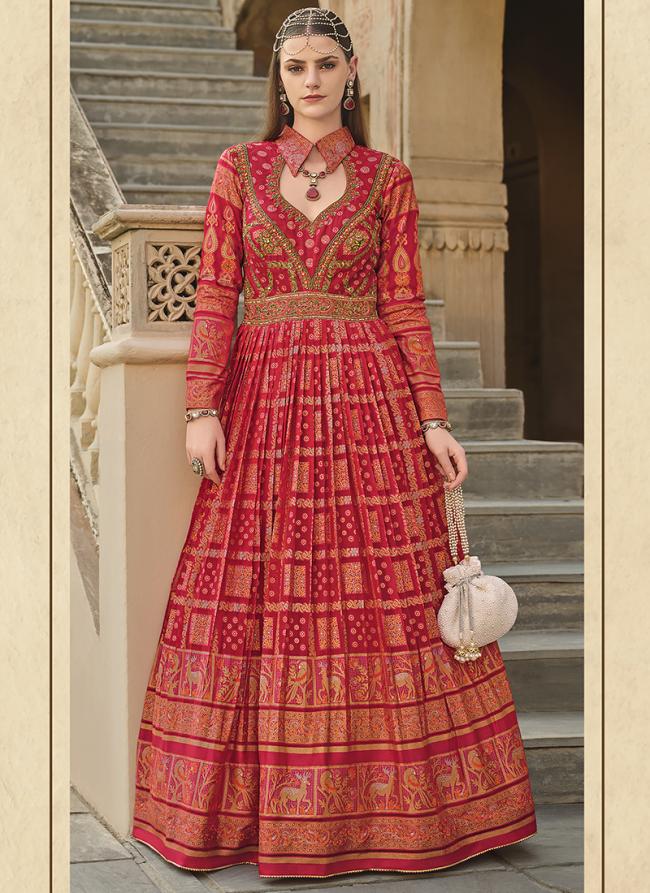 Silk Red Bridal Wear Foil Print Readymade Anarkali Suit